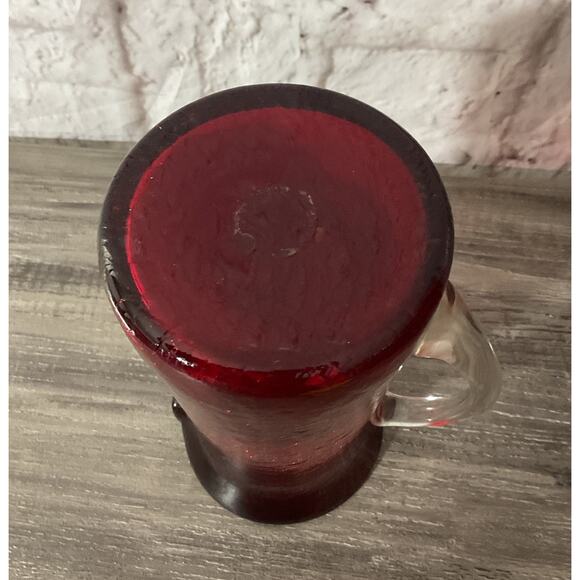 Vintage Ruby Red Hand Blown Crackle Glass Pitcher Clear Handle 6 7/8” Tall - Picture 6 of 8